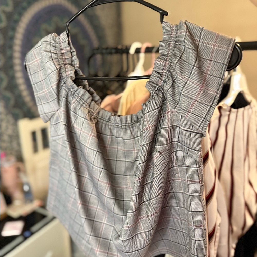 Guess Black and White Plaid Top